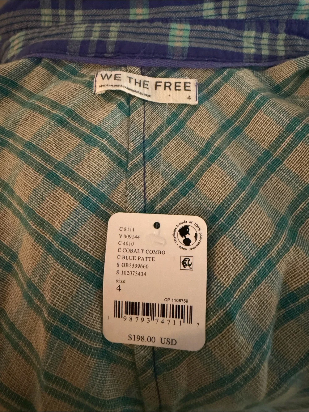Free People Ruth Plaid Shirt Dress NWT Purple Blue Snap Front Size Small